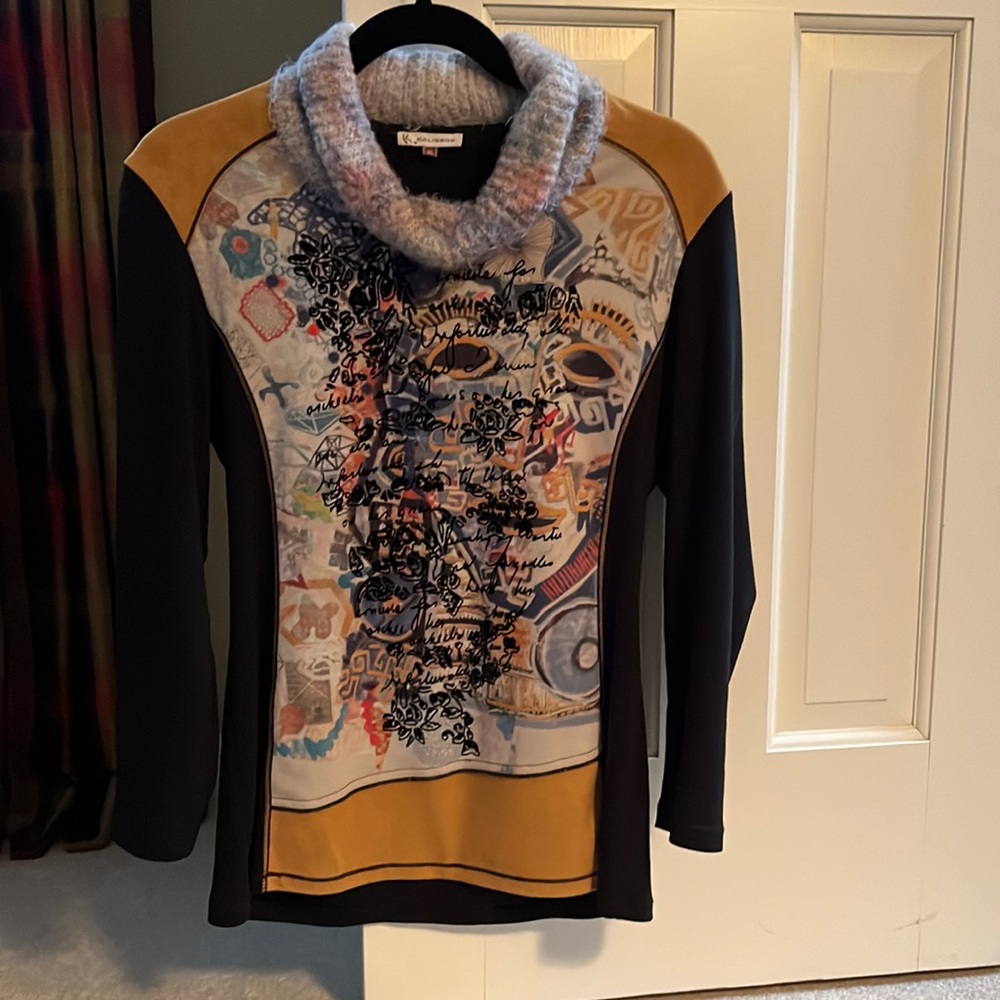 Designer top made in Portugal poly & elastane w/ cowl neck